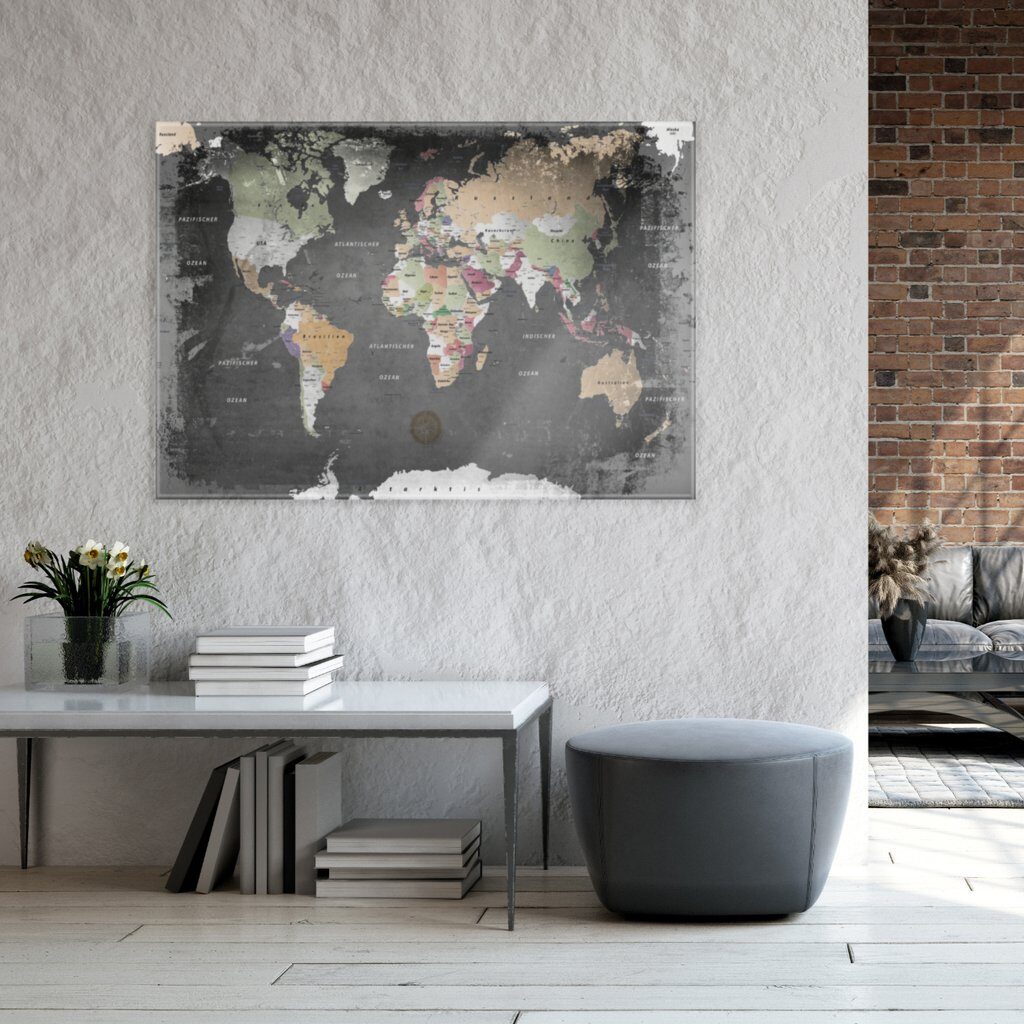 Weltkarte Graphit als Echt-Glasbild für deine 4 Wände. 